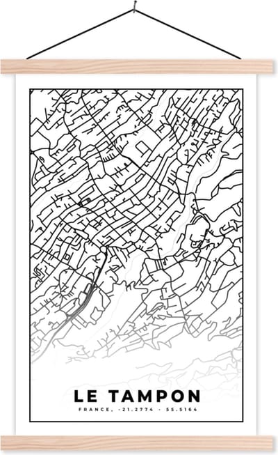 Posterhanger incl. Poster 40x60 cm - Schoolplaat - Stadskaart - Plattegrond - Kaart - Le Tampon - Frankrijk - Zwart wit - Textielposter - Blanke latten - Stadskaart