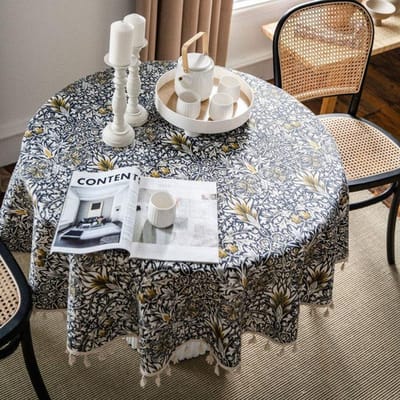 Decoratieve kwast rond tafelkleed in Japanse stijl voor tafel eettafelkleed hoes katoen linnen tafelkleden huis keuken decor round 150cm white