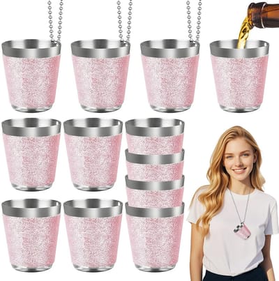 Dailygoods - 12 Stuks Borrelglazen om te Hangen, 30ml Roestvrij Stalen Borrelglaasjes om te Hangen,Roze Borrelglas met Ketting Voor Bruiloften Verjaardagsfeesten Carnaval Wijnproeverij