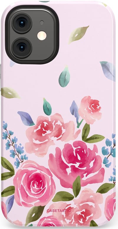 Casetastic hoesje geschikt voor Apple iPhone 12 Mini - Dubbellaagse bescherming - Aquarel Bloesem - Fashion Case - Lichtroze Lila Saliegroen