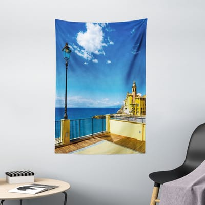 ABAKUHAUS Italiaans Wandtapijt, Ligurië Camogli-gebouw, Woonkamer Slaapkamer Wanddoek Zijdezacht Satijn Wandtapijt, 100 x 150 cm, Witblauw Geel