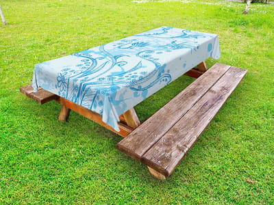 ABAKUHAUS Bloemkunst Buitentafelkleed, Vluchtige Bloemopstelling, Decoratief Wasbaar Picknicktafelkleed, 145 x 210 cm, Babyblauw