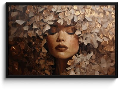 Poster in lijst - Fotolijst 90x60 cm - Posters - Gezicht - Vrouwe - Bladeren - Penseelstreken - Posterlijst zwart - Decoratie - Wanddecoratie woonkamer - Muurdecoratie slaapkamer