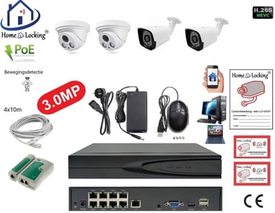 Home-Locking complete set PoE camera beveiligingssysteem met bewegingsdetectie camera's en NVR 8ch 8MP H265 met 2 dome en 2 bullet camera's 3.0MP CS-4-1519