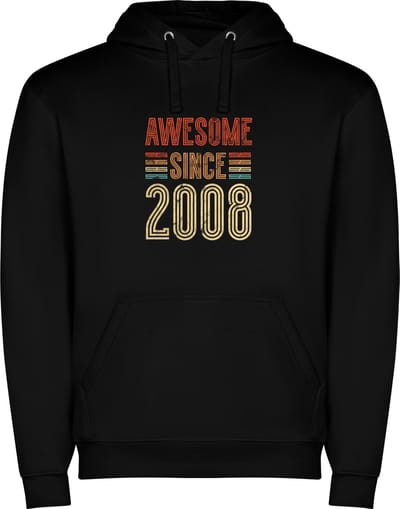 Zwarte unisex hoodie met “ Kleurrijke Awesome Since 2008 – Vintage stijl – Leeftijd – Verjaardag “ Print Full Color Color merk Roly maat S