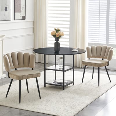 Set Tafel En Stoelen - Ronde Eettafel Met Dubbele Opbergrekken - 2 Eetkamerstoelen Met Bloemvormige Rugleuning - Hout En Metaal - Zwart En Lichtkoffie