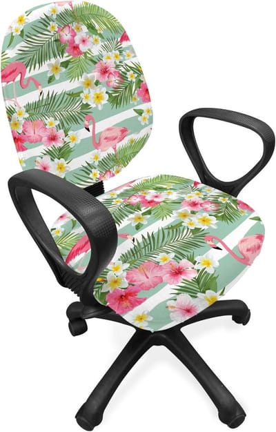 ABAKUHAUS Flamingo bureaustoel met overtrek, exotisch Hawaiiaans blad, decoratieve beschermhoes van rekstof, groen-witroze