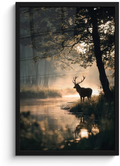 Poster in lijst - Fotolijst 40x60 cm - Posters - Hert - Bosbeek - Mystiek - Posterlijst zwart - Decoratie - Wanddecoratie woonkamer - Muurdecoratie slaapkamer