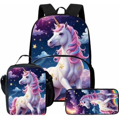 3-delige set Kind Eenhoornprint Schoolrugzak met Lunchtassen, Etuis Schooltassen voor Jongens Meisjes Beste Cadeau gray