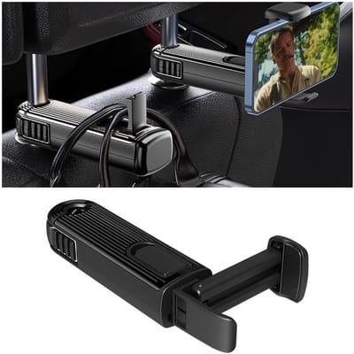 Dailygoods- Haak 2-in-1 - Hoofdsteun Haak - Telefoonhouder - Draaibaar 360 Graden - Robuust ABS-Materiaal - Elastische Siliconen Beschermpads - Autohouder