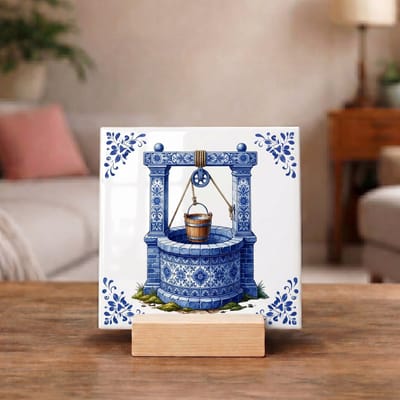 Delftsblauw Tegeltje 11x11 Waterput met Emmer – Hollandse Wanddecoratie Cadeau
