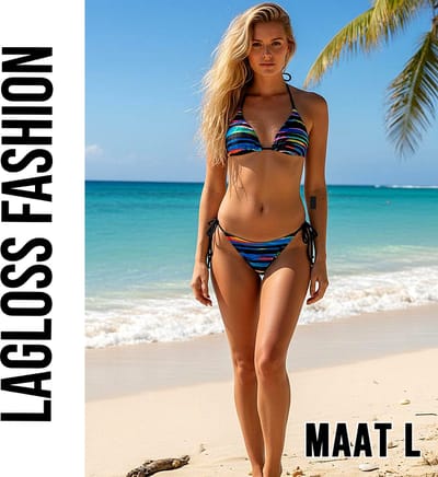 LaGloss® Dames Sexy Kleurrijke Gestreepte Bikini Set – High-Stretch Zwemkleding met Vetersluiting - Levendige Groen/Geel/Oranje Strepen - Modieuze Tweedelige Bikini – Maat L