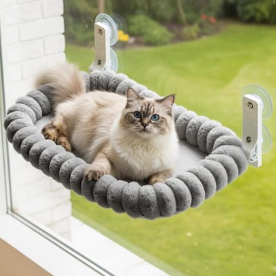 Famanu – Kattenraam hangmat met 4 sterke zuignappen, zacht pluche kattenbed, opvouwbaar en wasbaar, antislip bodem, grijs