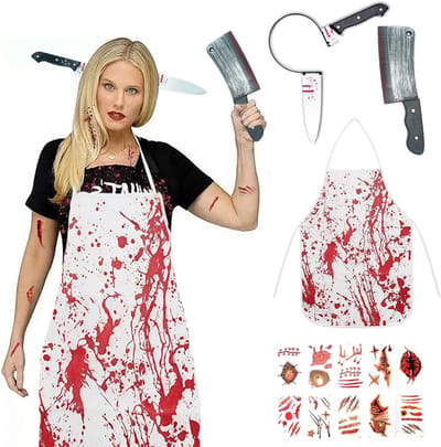 Giant Horror Kostuum voor Halloween met Schort en Haaraccessoire - Enge Outfit voor Volwassenen met Griezelige Accessoires