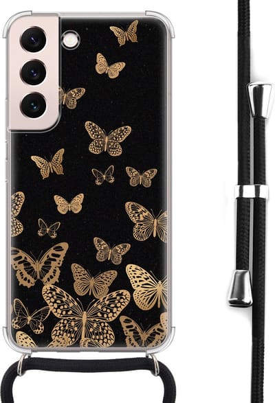 Hoesje met koord - Geschikt voor Samsung Galaxy S22 - Vlinders - Verstelbaar zwart koord - Crossbody - Print / Illustratie - Zwart, Transparant - Leuke Telefoonhoesjes