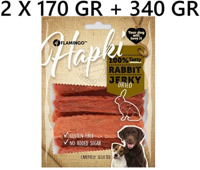 Flamingo Hapki - hondensnack - rabbit jerky dried - 170 gr *** 2 X *** = 340 gr - glutenvrij - geen toegevoegde suiker