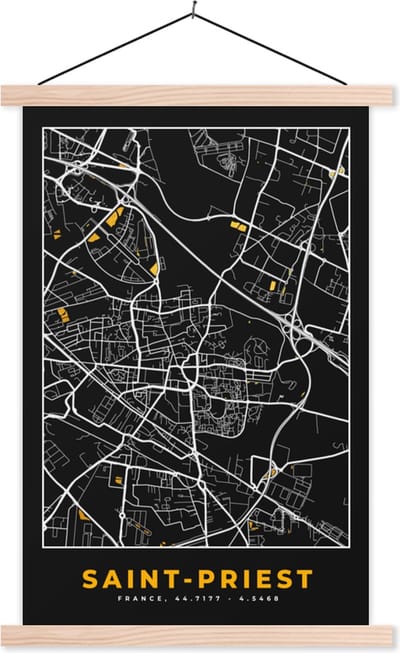 Posterhanger incl. Poster 40x60 cm - Schoolplaat - Kaart - Plattegrond - Frankrijk - Saint-Priest - Stadskaart - Textielposter - Blanke latten - Stadskaart