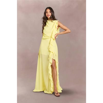 boohoo Dames Chiffon Maxi Jurk Met Hoge Hals En Ruche Detail | Citroen | Maat: 36