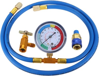 R134a Oplaadslang voor Koelkast 150 cm met Meter, Zelfdichtend, R-134a Bus op R-12/R-22-Poort, Inclusief R134a Low Side Quick Couple