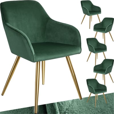 tectake® Eetkamerstoel Marilyn - Set van 6 - Met Armleuningen - Elegante Stoel met Gevoerde Zitting in Fluweellook - Gestoffeerd - Gouden metalen poten - Ergonomische Keukenstoel - Stoel voor Woonkamer, Eetkamer en Slaapkamer - Donkergroen