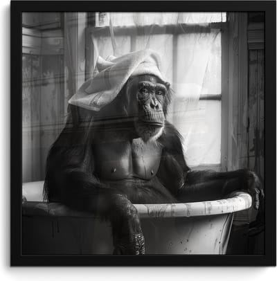 Poster in lijst - Fotolijst 40x40 cm - Posters - Aap - Dier - Bad - Zwart - Wit - Humor - Posterlijst zwart - Wanddecoratie badkamer - Muurdecoratie WC - Decoratieve accessoires - Toilet muur decoratie