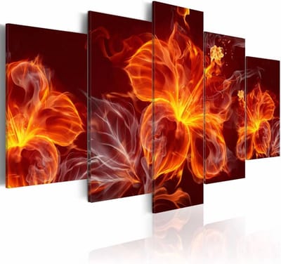 Schilderij - Bloemen in Vlammen, 5 luik, Rood/Oranje, 2 maten, Premium print
