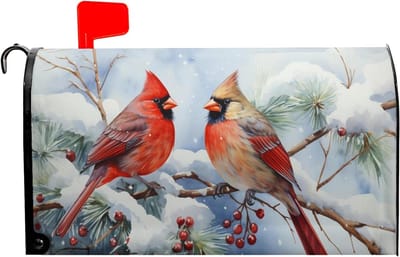 Brievenbus Cover - Postvak Decoratie - Winterse Sfeer - Magnetische Bevestiging - 25.5" X 21" - Kardinaal Rood