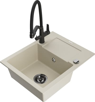 Mexen Enzo granieten gootsteen 1-komor met afdruiprek en keukenmengkraan Duo, beige - 6506-69-671701-70-B