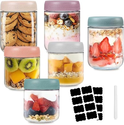Verte Overnight Oats Potjes - Potjes voor Overnight Oats - Glazen Bewaarpotjes met Schroefdeksel - Lekvrije Potjes voor Maaltijdvoorbereiding: Salade - Chutney - Yoghurt - Pudding - Jam - Muesli - Kruiden - 6 Stuks - 300 ml + 500 ml