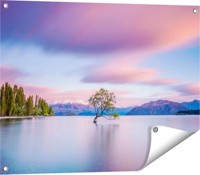 Gards Tuinposter Wanaka Boom in het Water bij Zonsopgang - 80x60 cm - Tuindoek - Tuindecoratie - Wanddecoratie buiten - Tuinschilderij