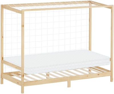Kinderbed in de vorm van een voetbaldoel, 90 x 200 cm, naturel grenenhout, inclusief matras (H-10 cm), handbaldoel met lattenbodem en doelnet ML-Design