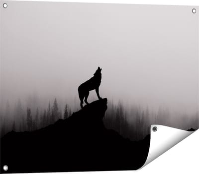 Gards Tuinposter Silhouet van een Huilende Wolf - Abstract - 80x60 cm - Tuindoek - Tuindecoratie - Wanddecoratie buiten - Tuinschilderij