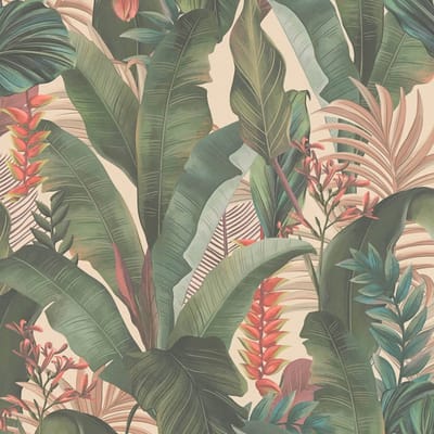 Bloemen behang Profhome 394351-GU vliesbehang hardvinyl warmdruk in reliëf licht gestructureerd in jungle stijl mat beige groen roze rood 5,33 m2