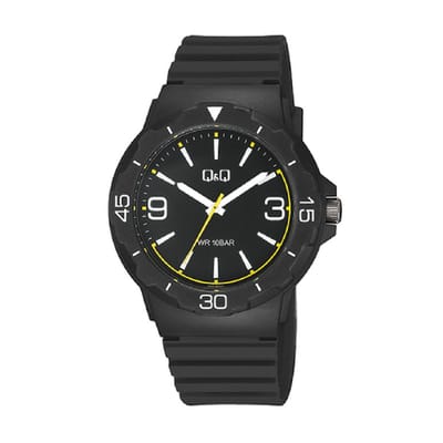 Q&Q V02A-002VY - Horloge - Sport - Analoog - Heren - Mannen - Plastic band - Rond - Cijfers - Streepjes - Kunststof - Zwart - Wit - Geel - 10 bar waterdicht