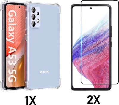 HB Hoesje Geschikt voor Samsung Galaxy A53 5G - Transparant + 2X Glazen Screenprotector - Anti Shock Hybrid Back Cover