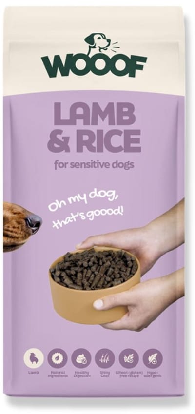 WOOOF Lam en Rijst 18kg - Hypoallergeen hondenvoer - Geperst - Glutenvrij hondenbrokken - Gevoelige honden en allergie - 18kg