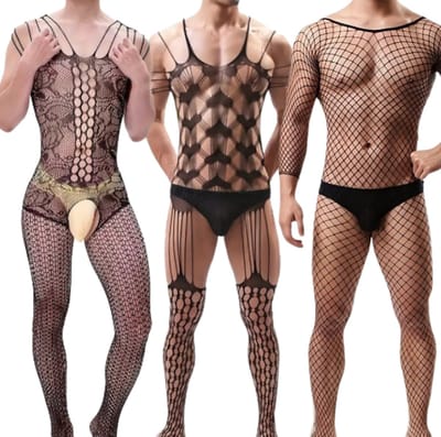 LekkerStout Visnet Bodystockings - 3-Pack - Open Kruis - Zwart - Sexy Herenlingerie | M-XL | ( LS102 )