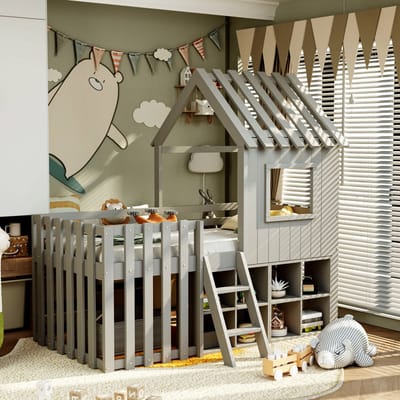 Kinderbed 90x200 cm - huisbed met dak en ramen - met open opbergruimte - met klimladder - zonder matras - grijs