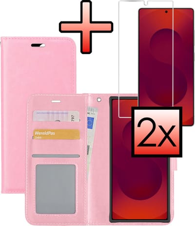 Hoesje - Met 2x Screenprotector - Geschikt voor Samsung Galaxy S25 Ultra - Luxe Pasjeshouder - Bookcase Portemonee - Flip Case - Kunstleer Book Case - Flipcase Hoes - Book Cover - Walletcase - Portemonneehoes - Lichtroze