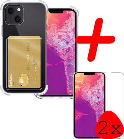 Hoesje Geschikt voor Apple iPhone 13 Mini - Met 2x Screenprotector - Pashouder - Kaarthouder - Telefoon Hoes Shockproof - Siliconen Case - Back Cover - Shock Proof - Pasjes Houder - Transparant