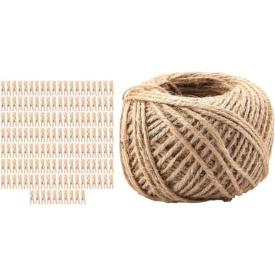 250 pcs Pinces à linge en bois naturel Clip Pince avec 1 Rouleau Ficelle de jute 50 mètres
