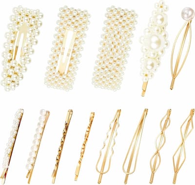 Set van 13 Minimalistische Gouden Haarspeldjes met Parels en Geometrische Metalen Clips