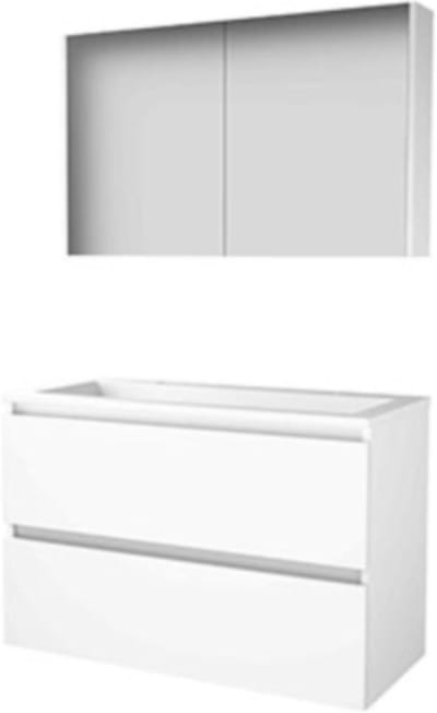 Basic-Line Comfort 46 Badkamermeubelset - 100 x 46 cm - Greeploos - 2 Lades - Acryl Wastafel - 2 Kraangaten - Spiegelkast - Ice White