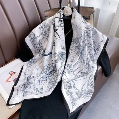 Foulard Carré 90*90cm Coton Sergé Sensation Écharpes et Châles pour Femmes Imprimé de Luxe Foulards de Cou Hijab Bandana Pashmina One Size gray
