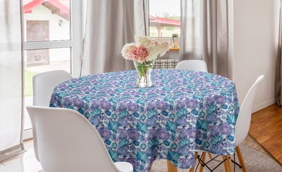 ABAKUHAUS Aziatisch Rond Tafelkleed, Verre Oosterse bloemen, Cirkelvormige tafelkleed voor eetkamerkeukendecoratie, 150 cm, turquoise en paars