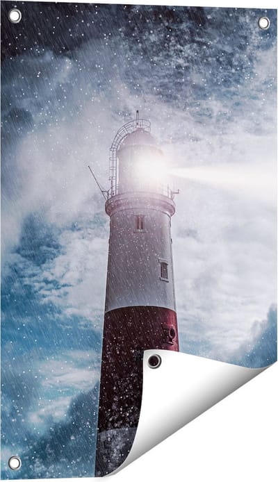 Gards Tuinposter Vuurtoren tijdens de Regen Storm - 40x60 cm - Tuindoek - Tuindecoratie - Wanddecoratie buiten - Tuinschilderij