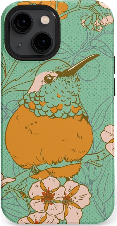 Casetastic hoesje geschikt voor Apple iPhone 13 mini - MagSafe - Dubbellaagse bescherming - Bloesem Kolibrie - Fashion Case - Mintgroen Okergeel Zand