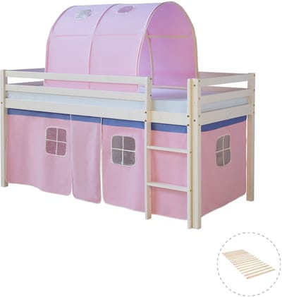 Homestyle4u Hoogslaper - 90x200 cm - wit/roze - met lattenbodem - tunnel