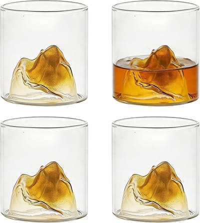 Set van 4 modieuze whiskyglazen van 180 ml, onregelmatige vorm, elegant design voor bourbon en rum, transparant met gouden accenten
