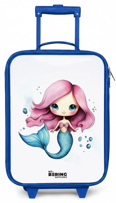 NoBoringSuitcases.com® - Kinderkoffer blauw - Kindertrolley jongen - Zeemeermin met roze haar en blauwe staart tussen luchtbellen - Koffer kind lichtgewicht - Reiskoffer trolley voor kinderen - Koffertje met lichtgevende wieltjes - Rolkoffer